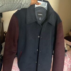 Express Men’s Navy Body with Burgundy Sleeves Bomber Jacket